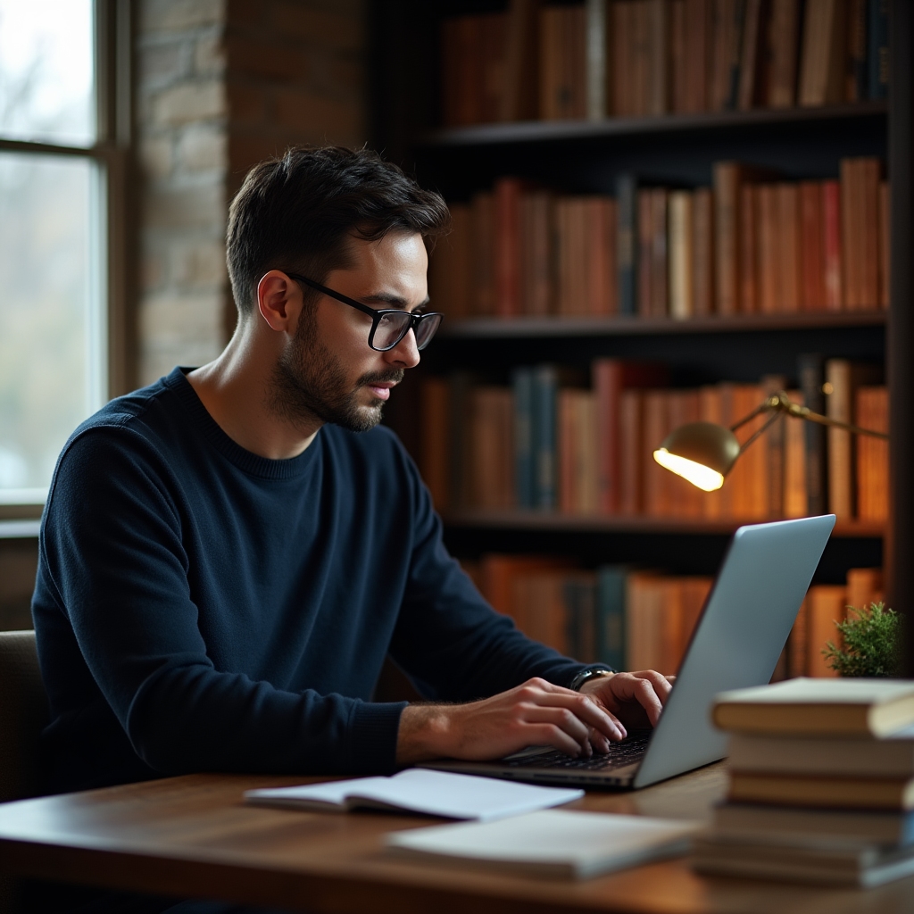 Fondator Hilvraneso lucrând la laptop în birou ordonat